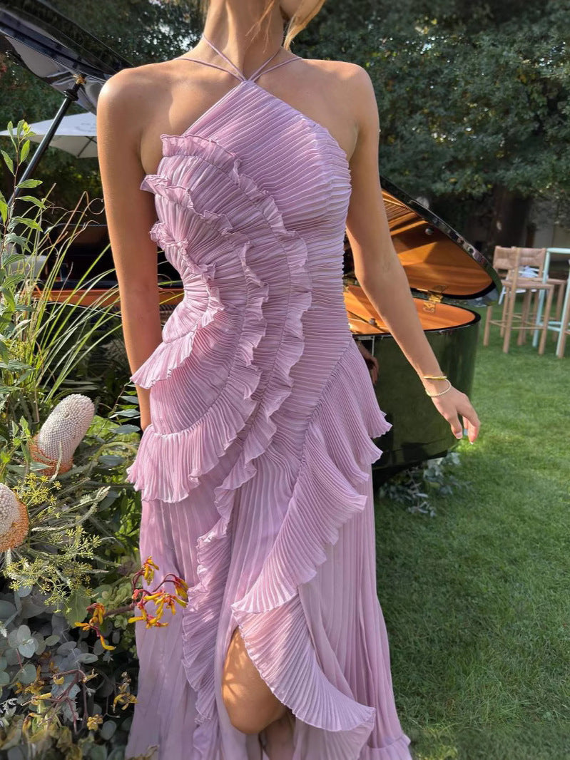 Guendalina – Abito Lungo Plissettato con Scollo Halter Lilla