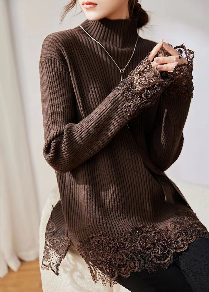 Jasmine - Maglione a Coste con Pizzo Floreale