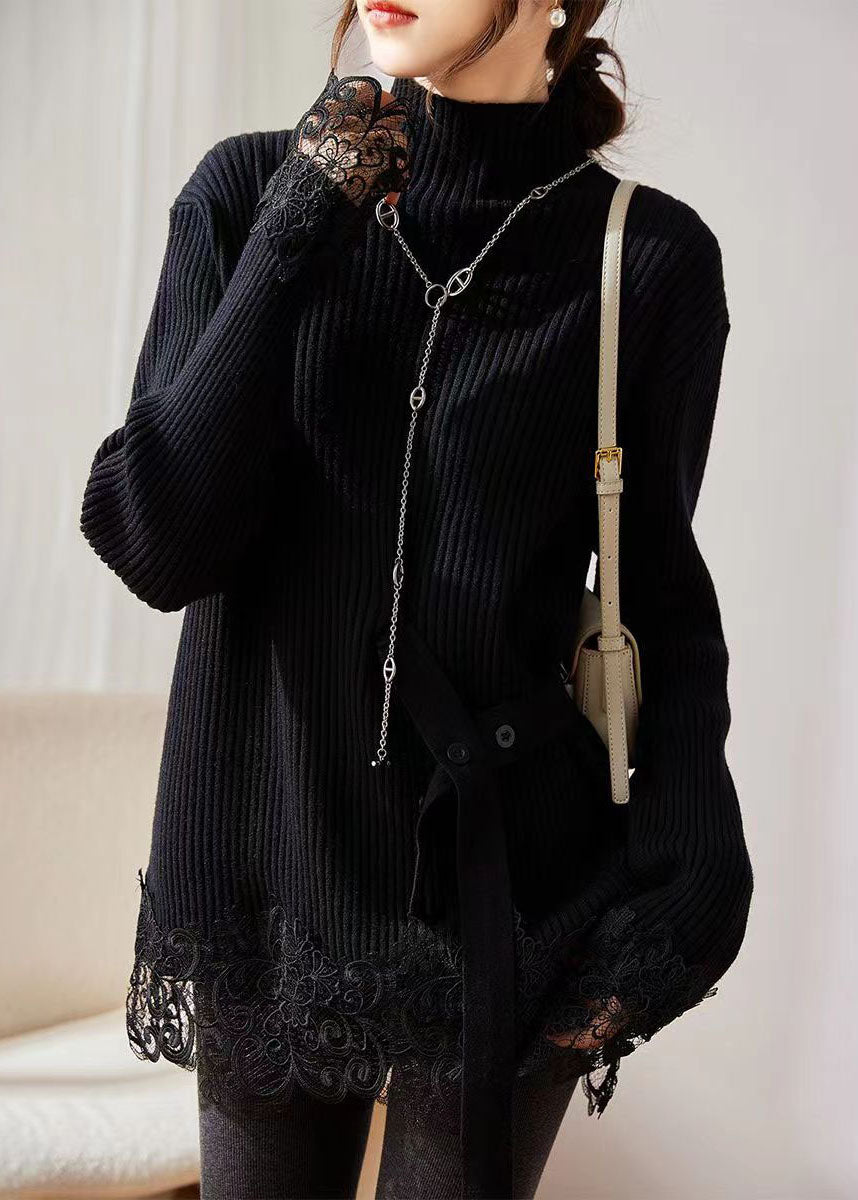 Jasmine - Maglione a Coste con Pizzo Floreale