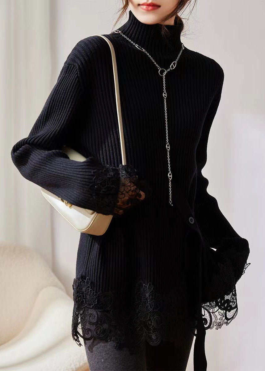 Jasmine - Maglione a Coste con Pizzo Floreale