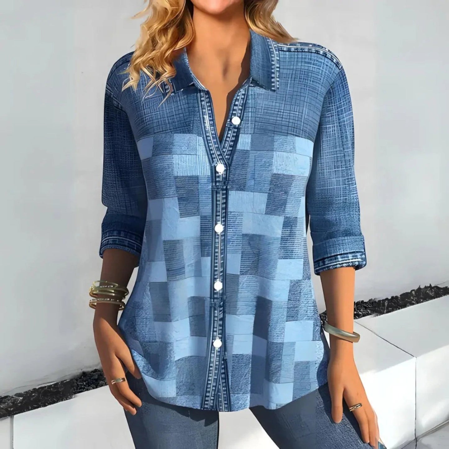 Hanya - Camicia Estiva a Quadri da Donna Blu denim