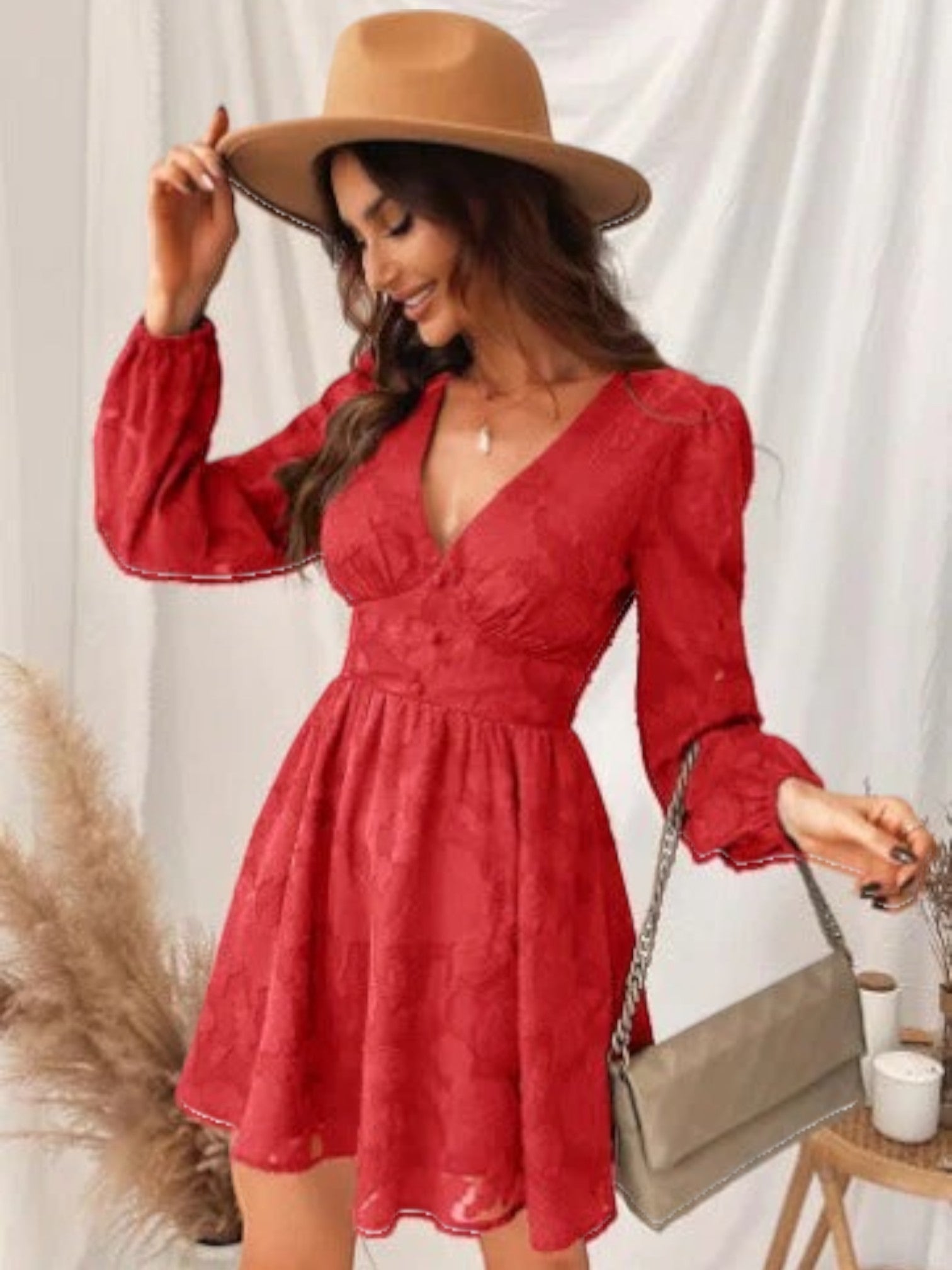 Hasna - Vestito Estivo Con Scollo A V Stampato Per Donna Rosso
