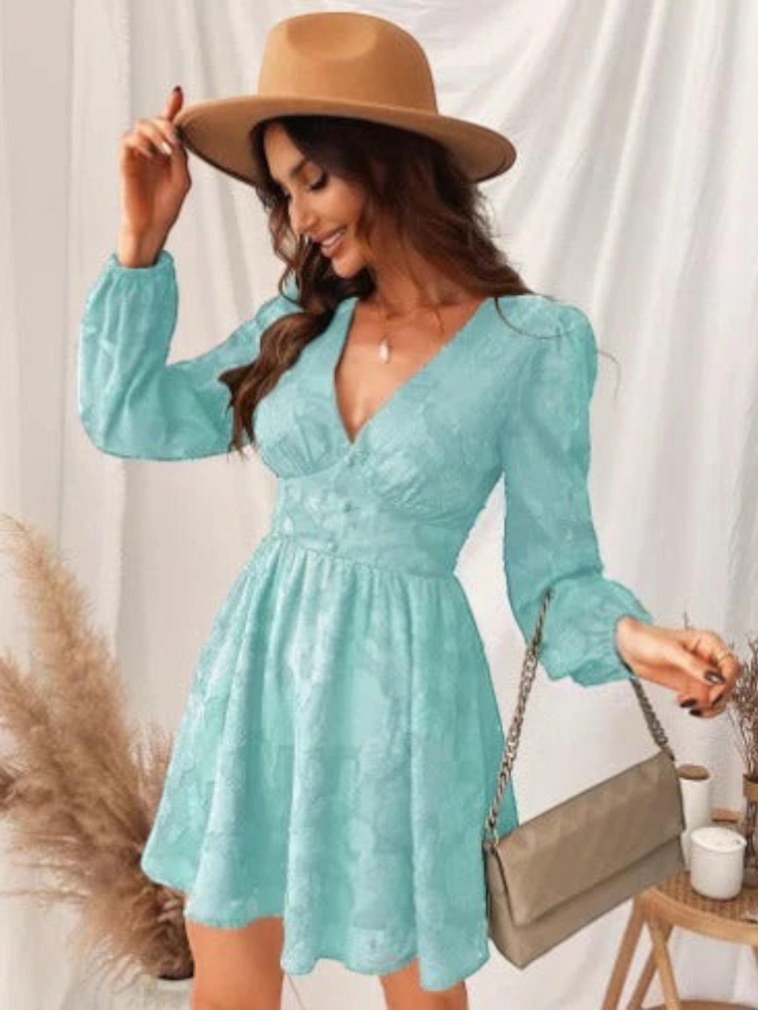 Hasna - Vestito Estivo Con Scollo A V Stampato Per Donna Verde acqua