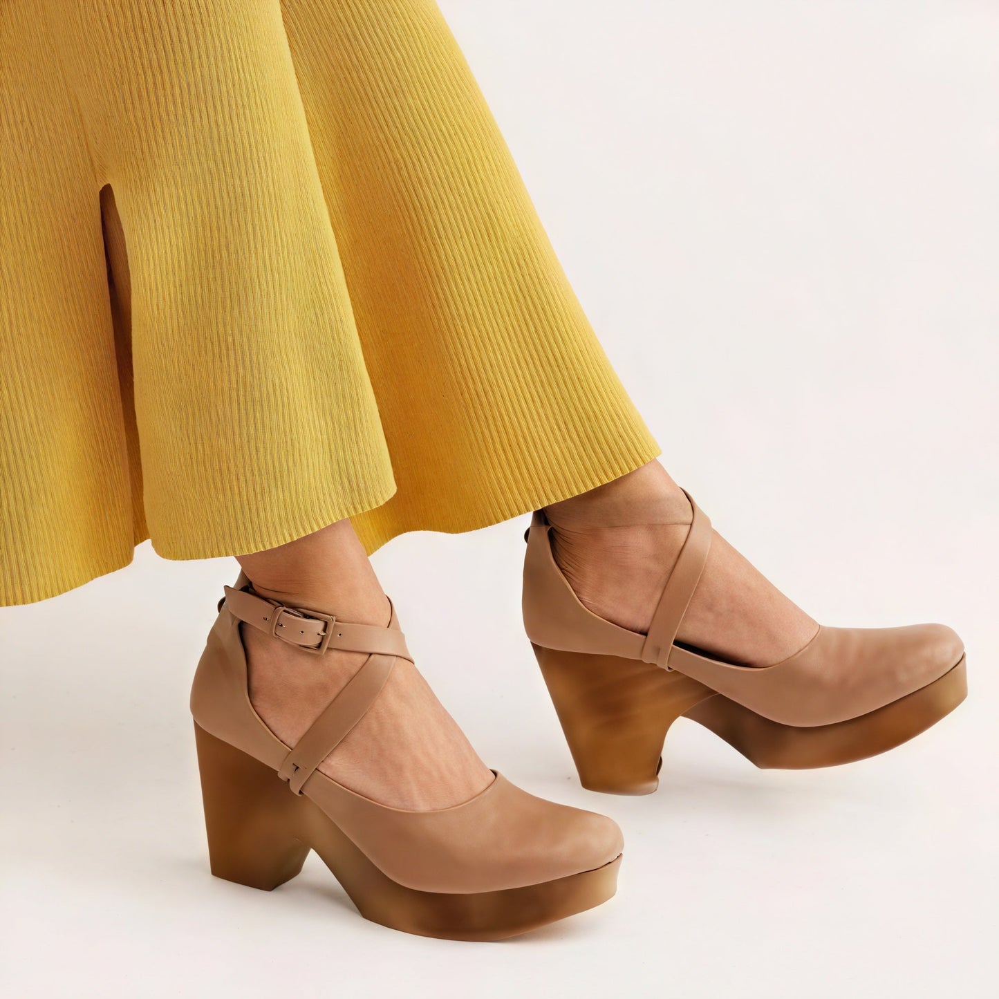 Heidi – Sandali Platform in Pelle con Cinturino alla Caviglia Cachi