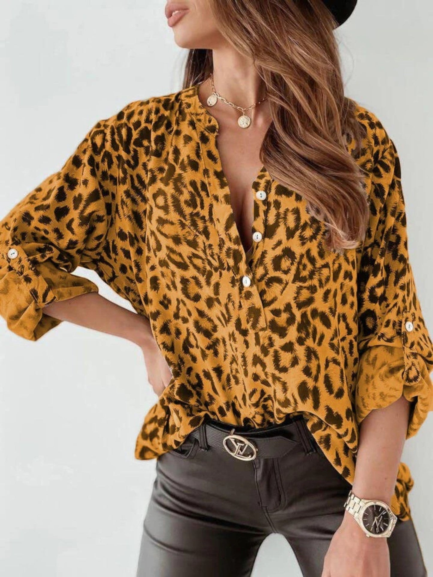 Hella - Camicetta Donna Trendy con Stampa Leopardo Giallo