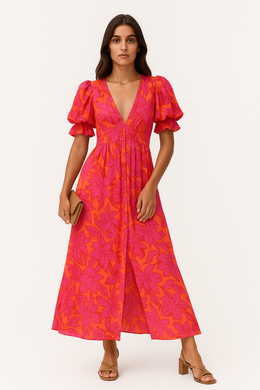 Heny - Abito Elegante Maxy Donna con Scollo a V Rosso