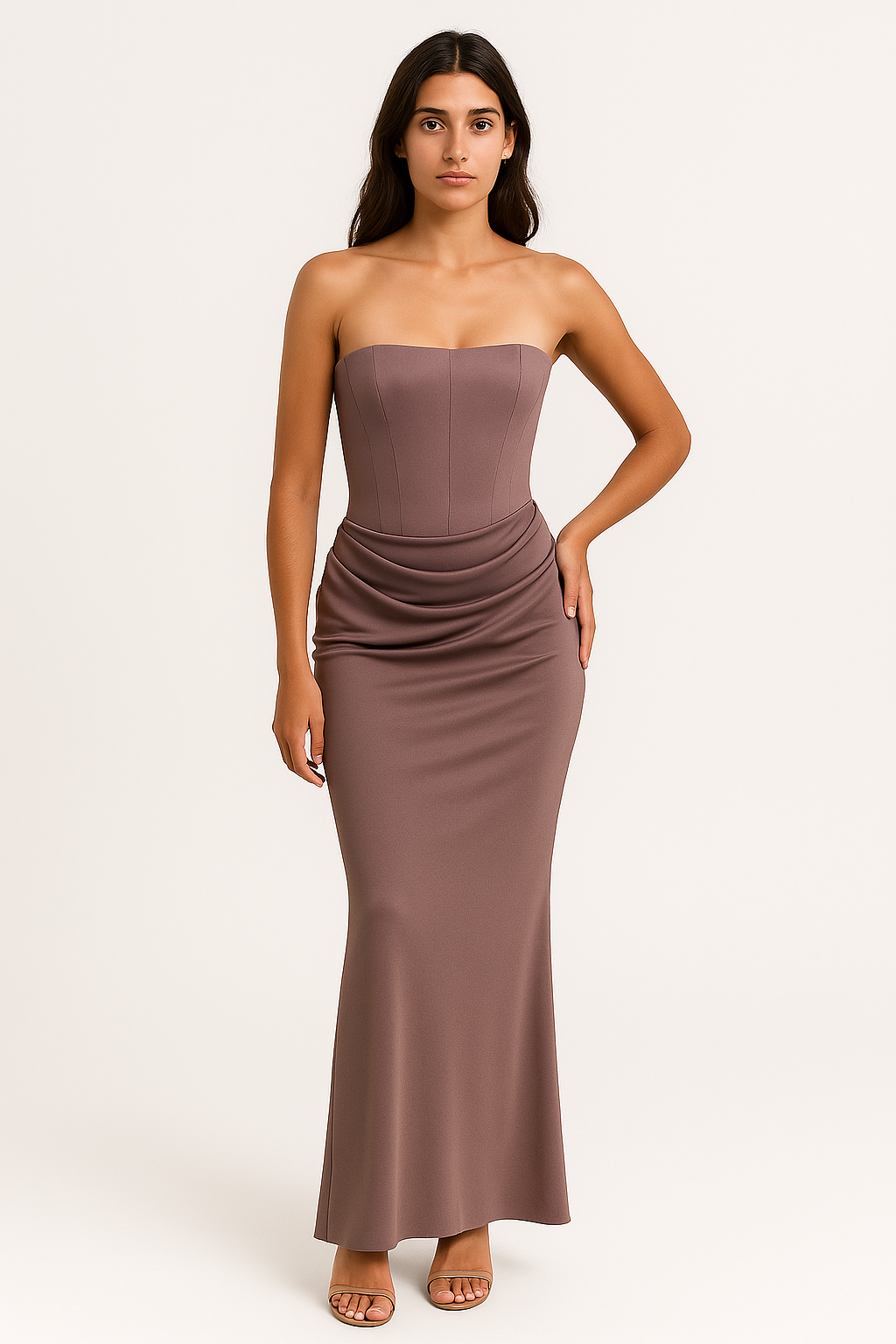 Hibaida - Abito da Donna Seta Off-Shoulder Elegante Beige Scuro