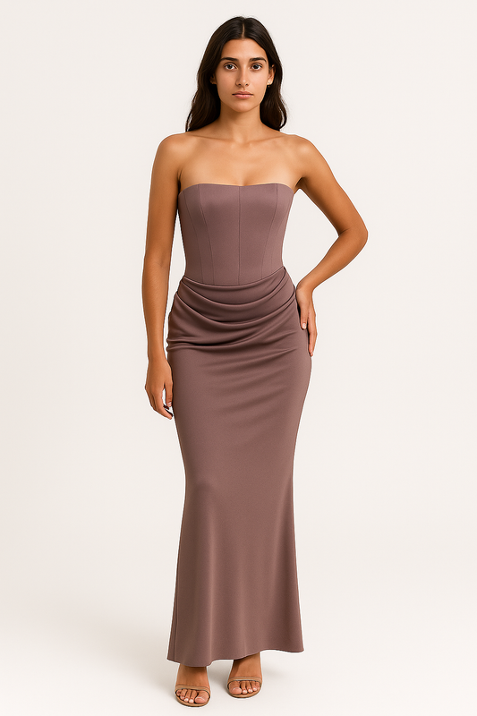 Hibaida - Abito da Donna Seta Off-Shoulder Elegante Beige Scuro