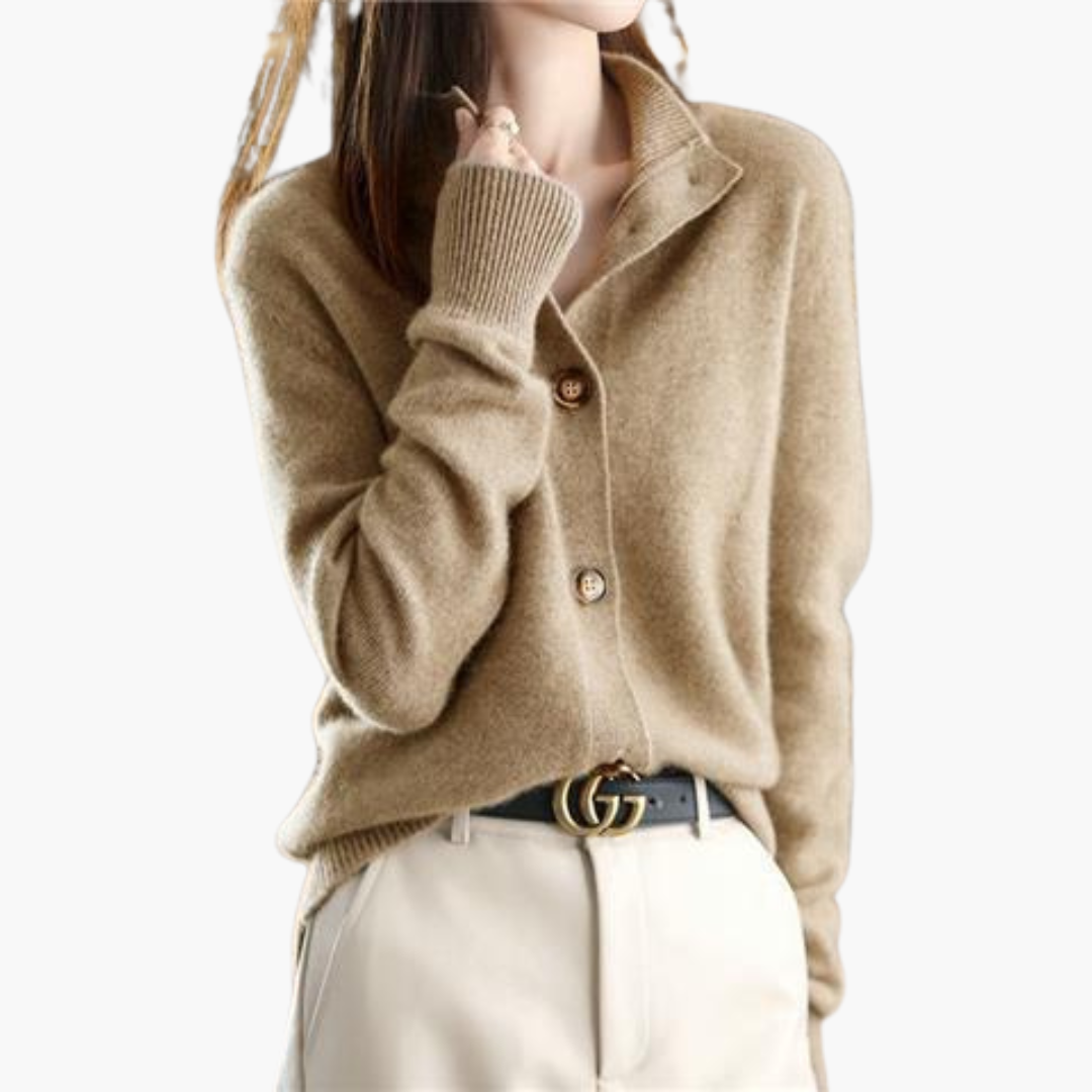 Hilda - Cardigan Donna in Morbido Tessuto con Bottoni Cammello