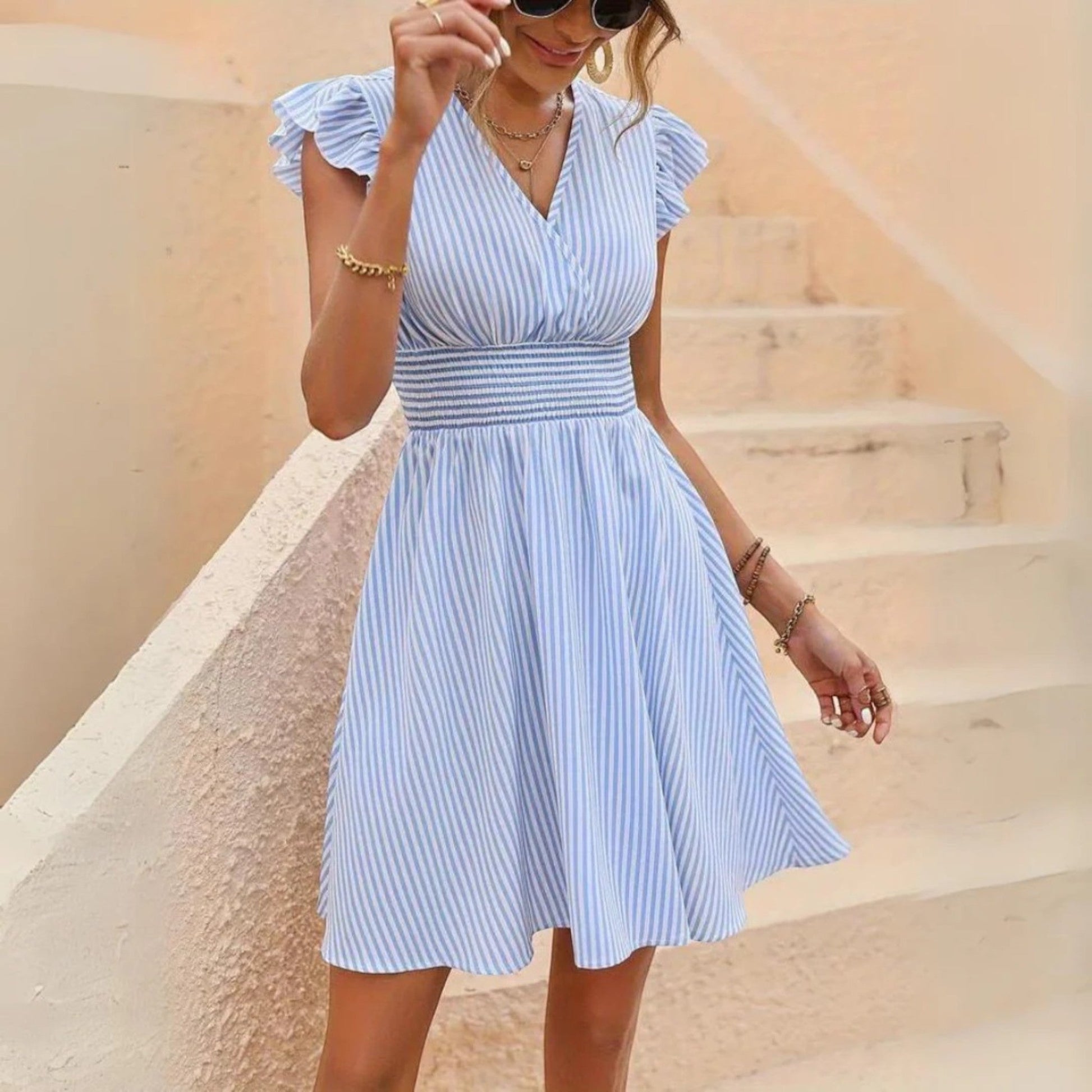 Hildegarda - Abito A Righe Con Scollo A V Da Donna Blu