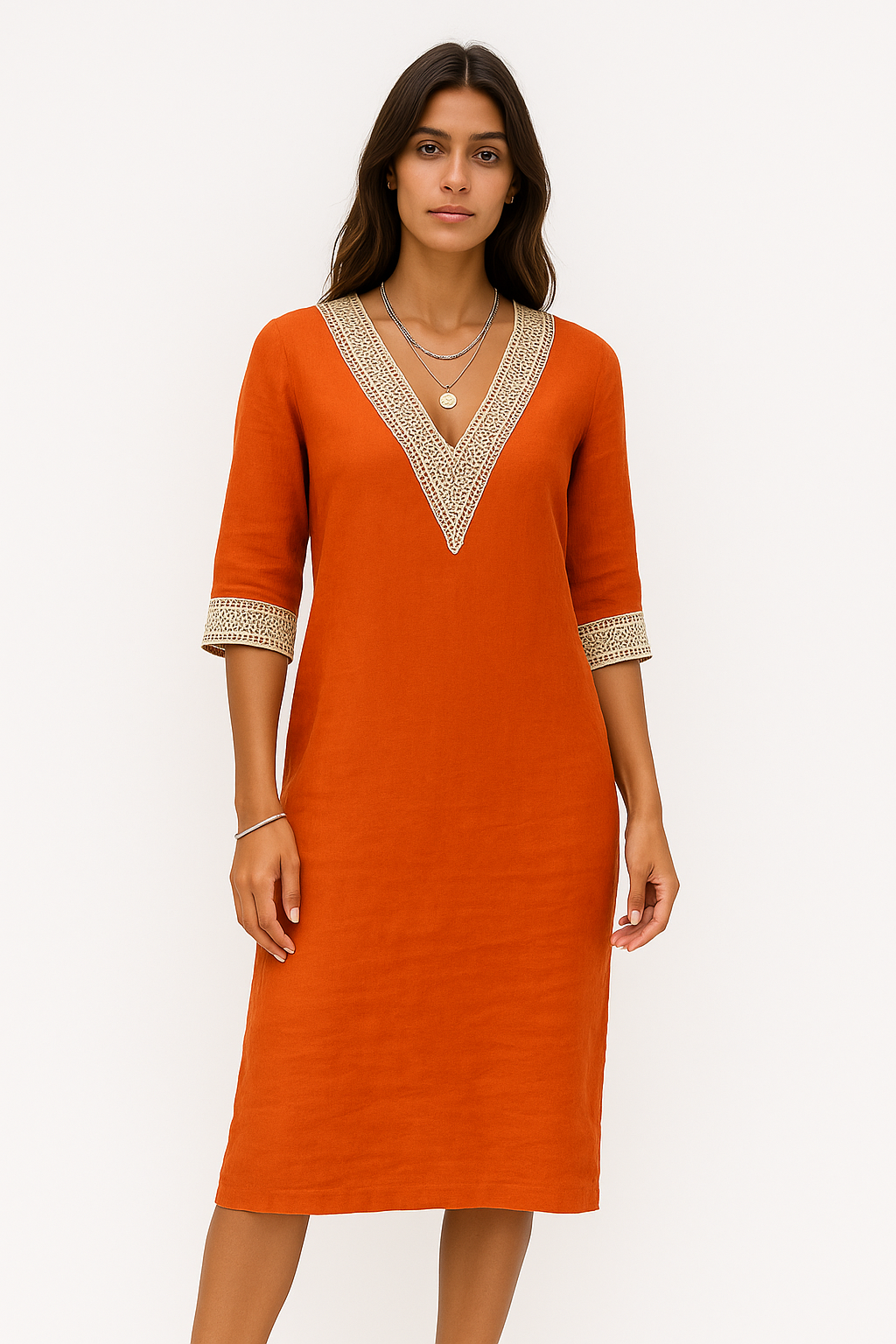Hridita - Abito Estivo Donna in Lino con Pizzo Arancione