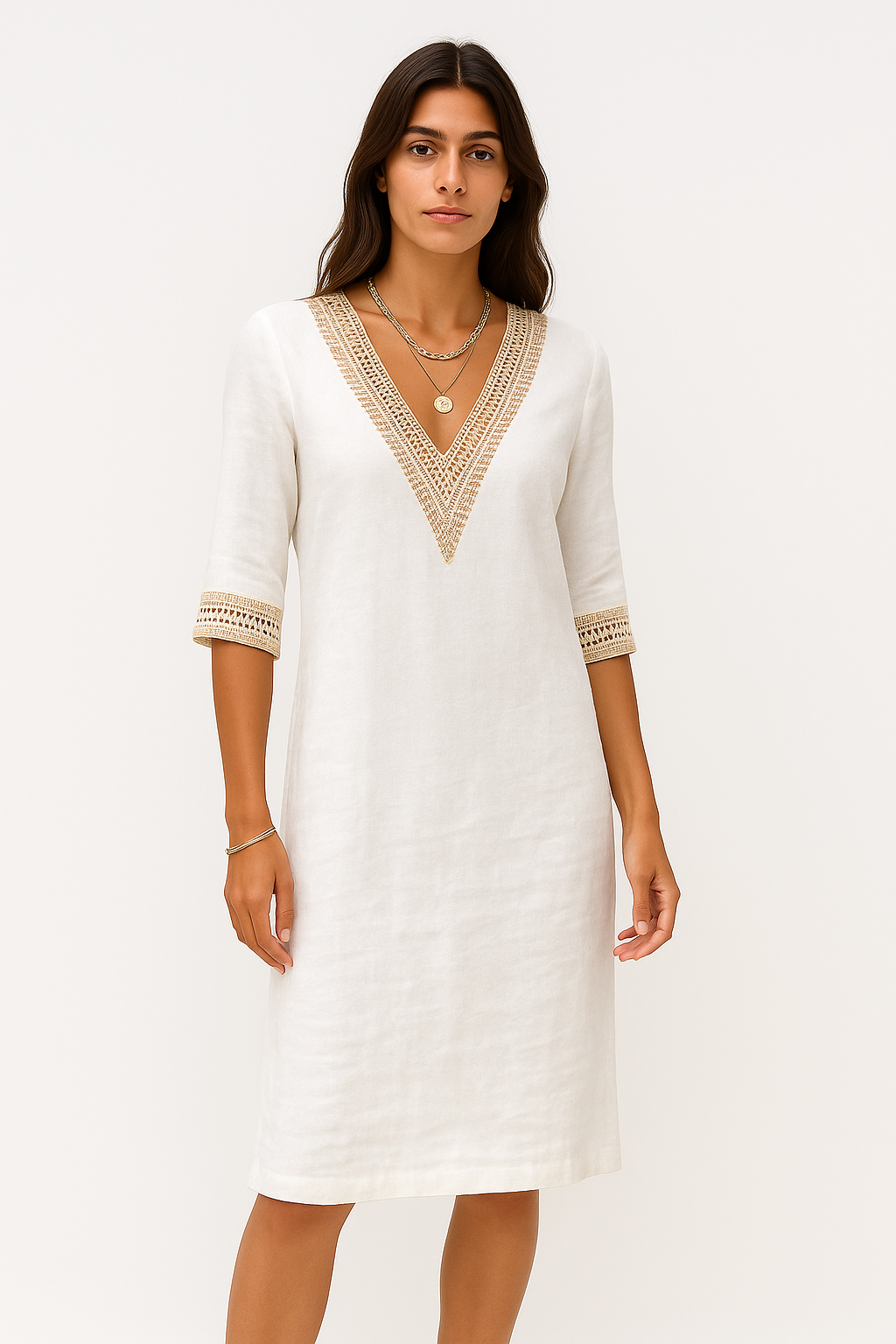 Hridita - Abito Estivo Donna in Lino con Pizzo Bianco