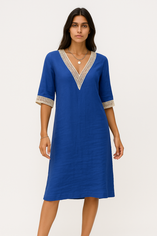 Hridita - Abito Estivo Donna in Lino con Pizzo Blu