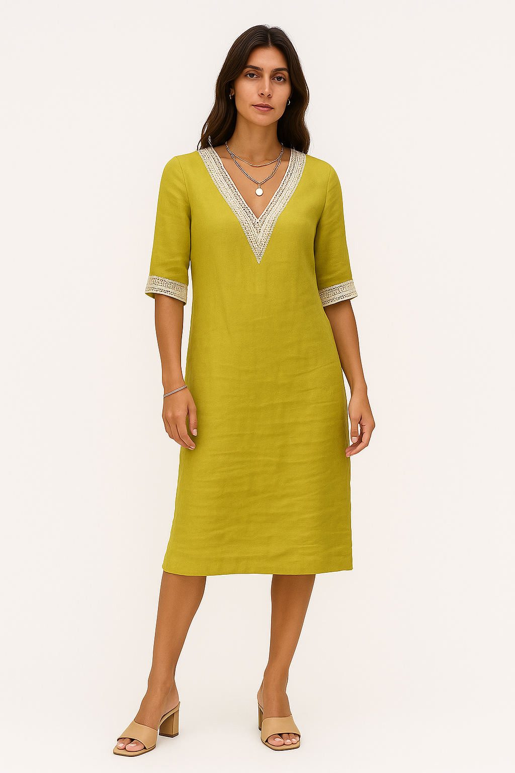 Hridita - Abito Estivo Donna in Lino con Pizzo Giallo