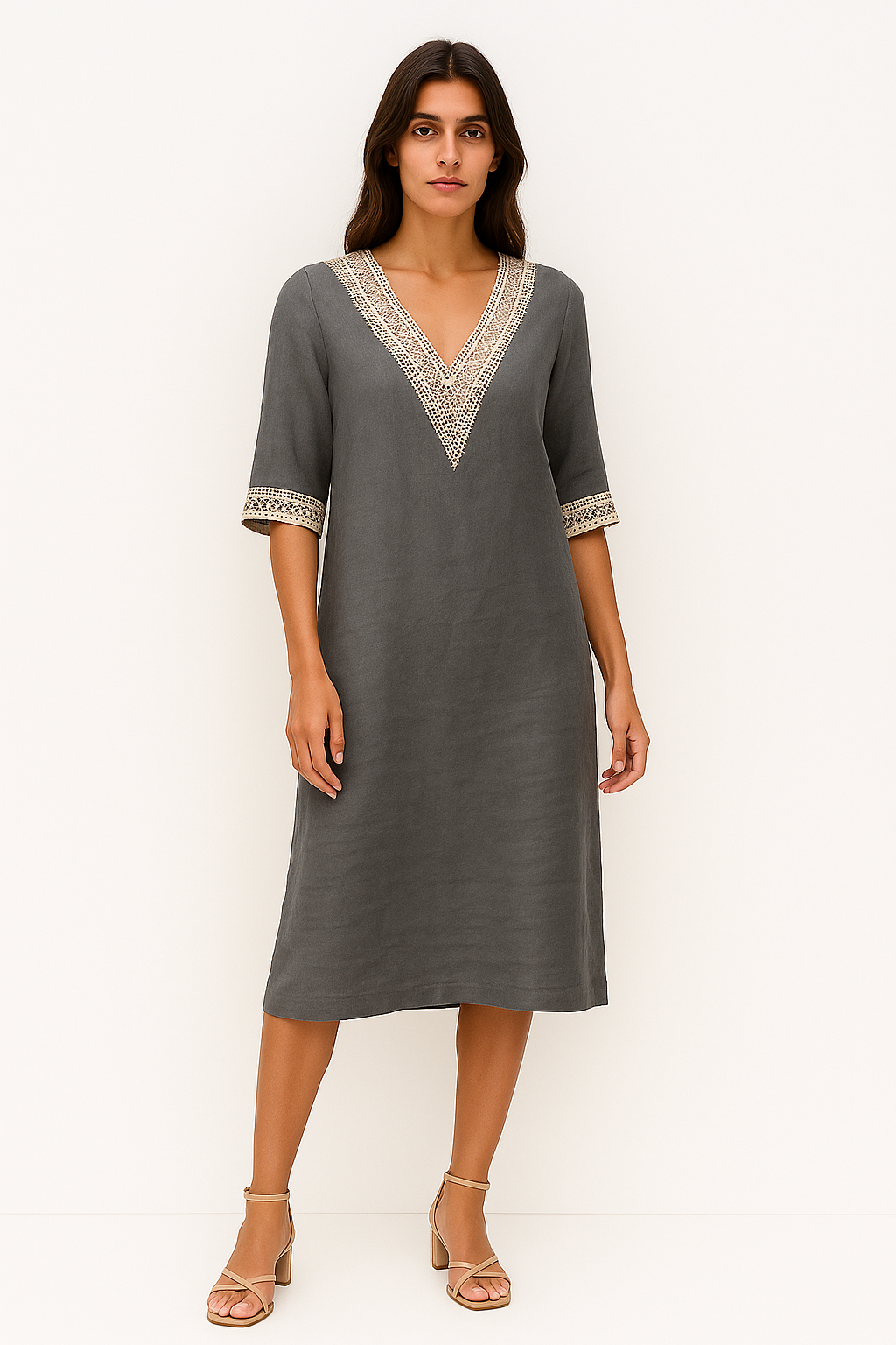 Hridita - Abito Estivo Donna in Lino con Pizzo Grigio