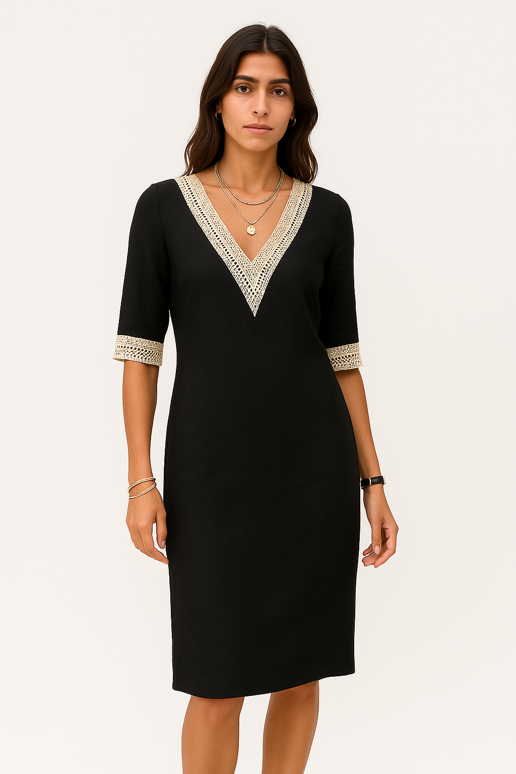 Hridita - Abito Estivo Donna in Lino con Pizzo Nero