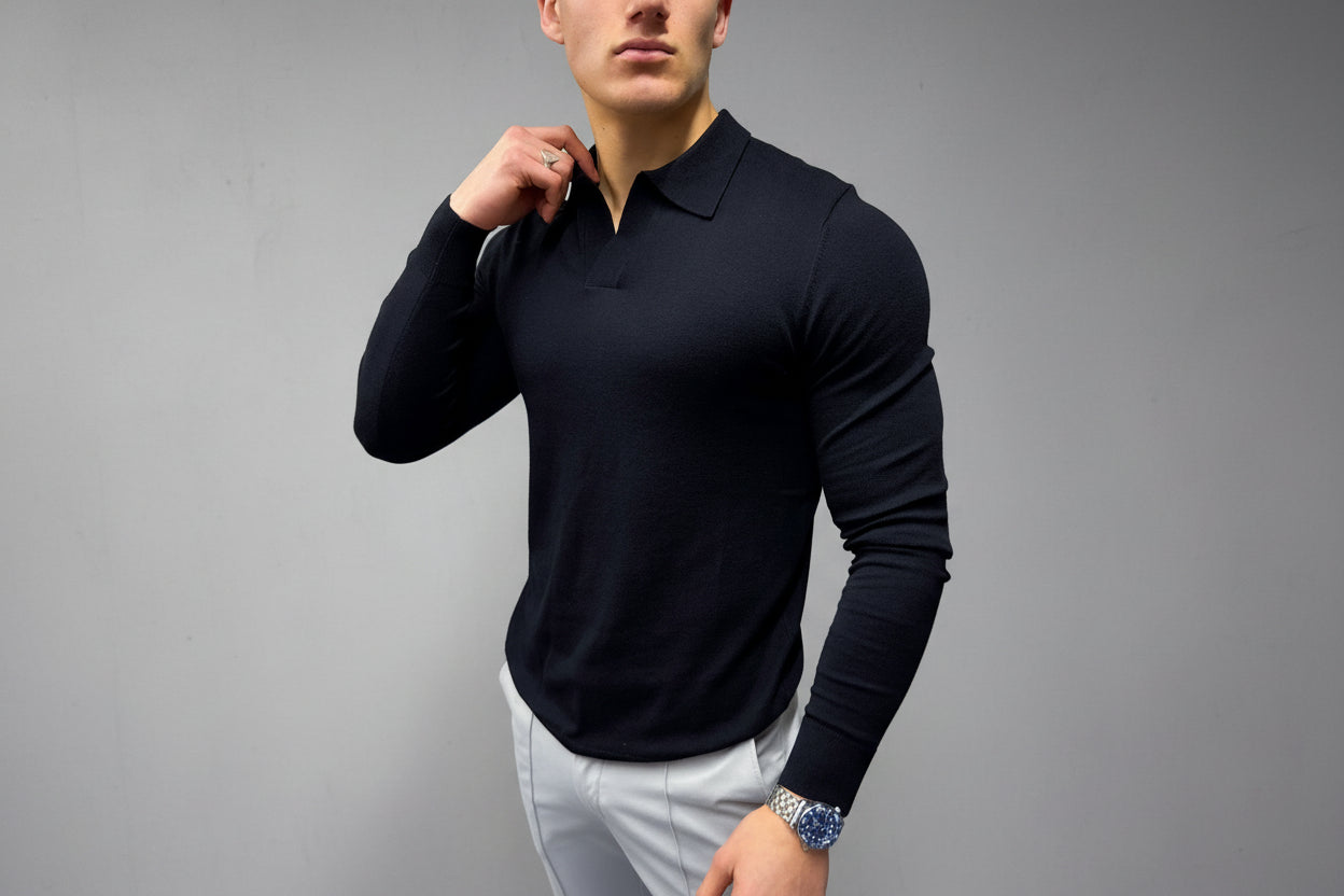 Joshua - Polo Uomo Manica Lunga Nero Elegante Classico
