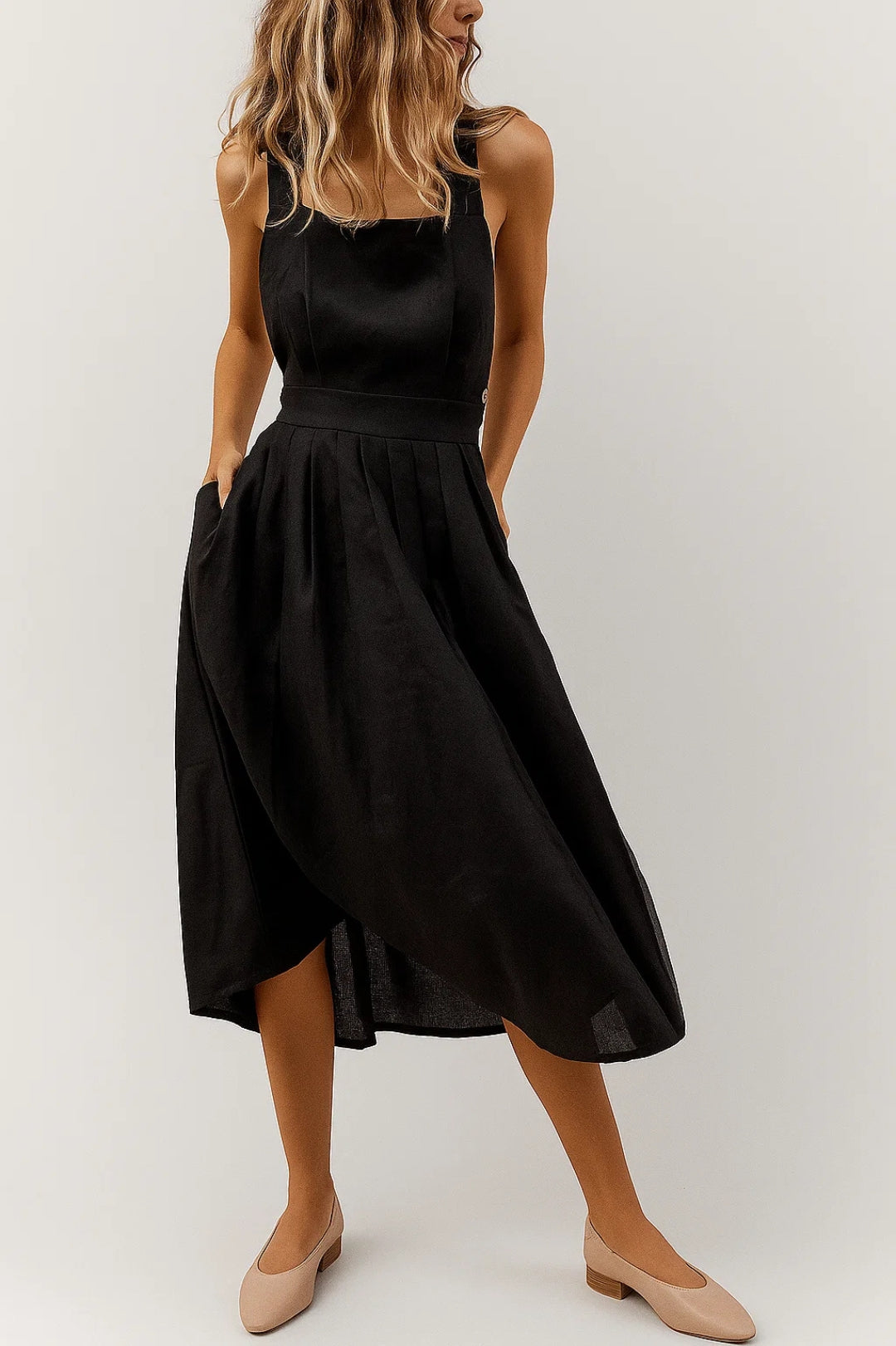 Ignazia - Abito Lino Donna con Schiena Scoperta Elegante Nero