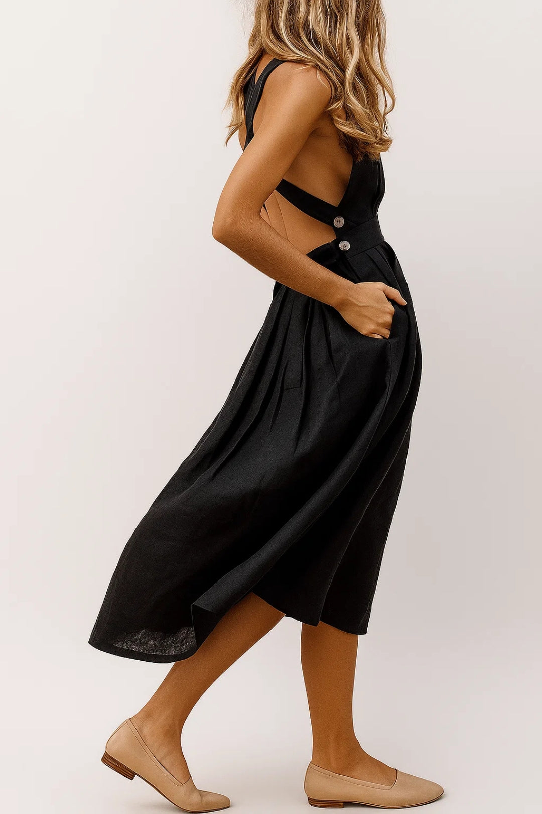 Ignazia - Abito Lino Donna con Schiena Scoperta Elegante Nero