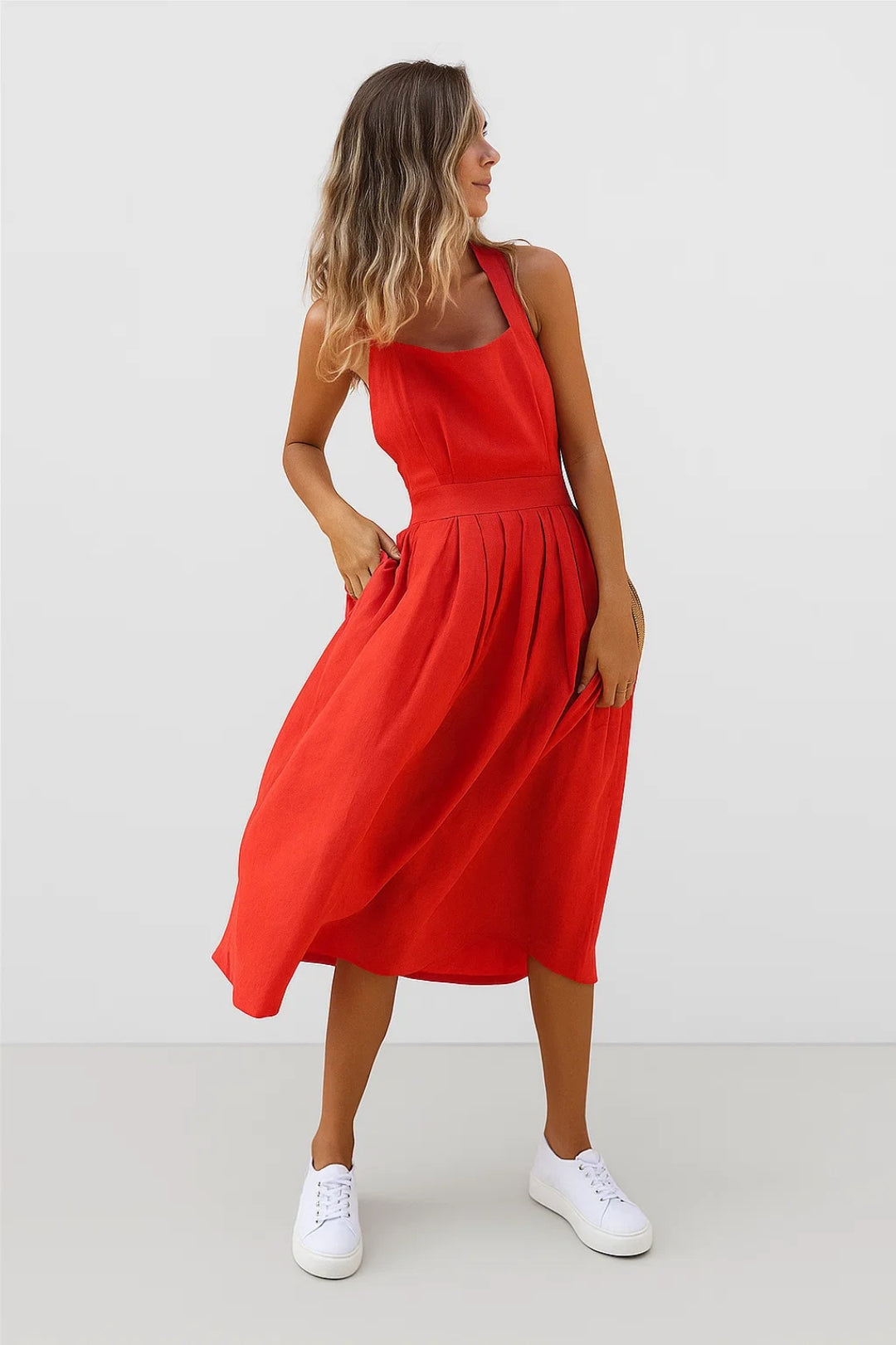 Ignazia - Abito Lino Donna con Schiena Scoperta Elegante Rosso