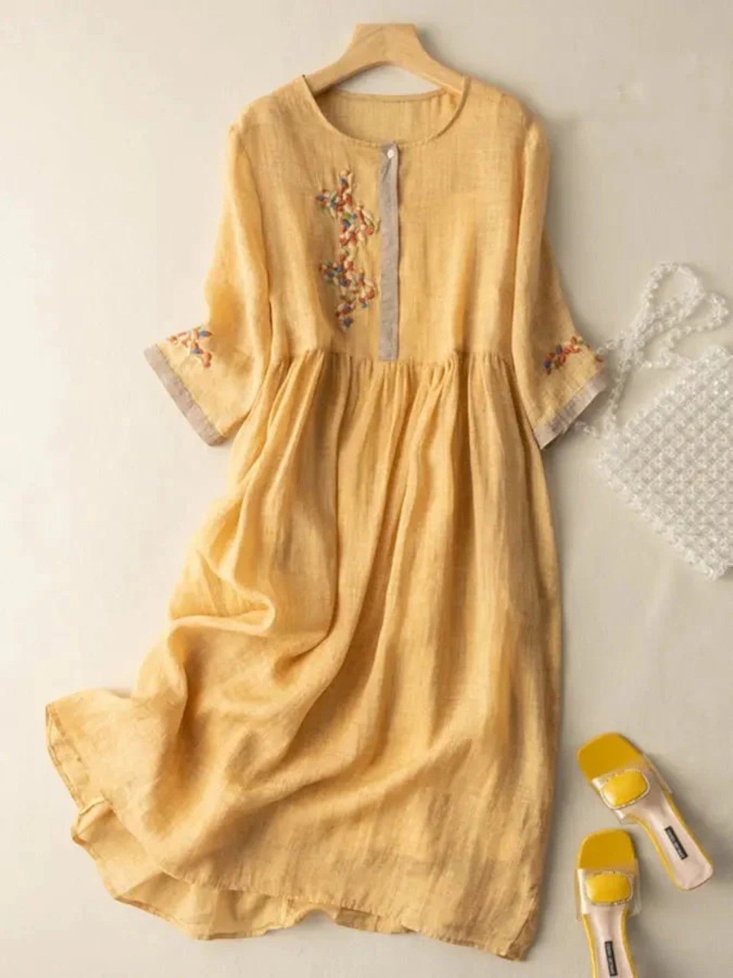 Ilaria - Vestito Estivo A Girocollo Bohémien Per Donna Giallo