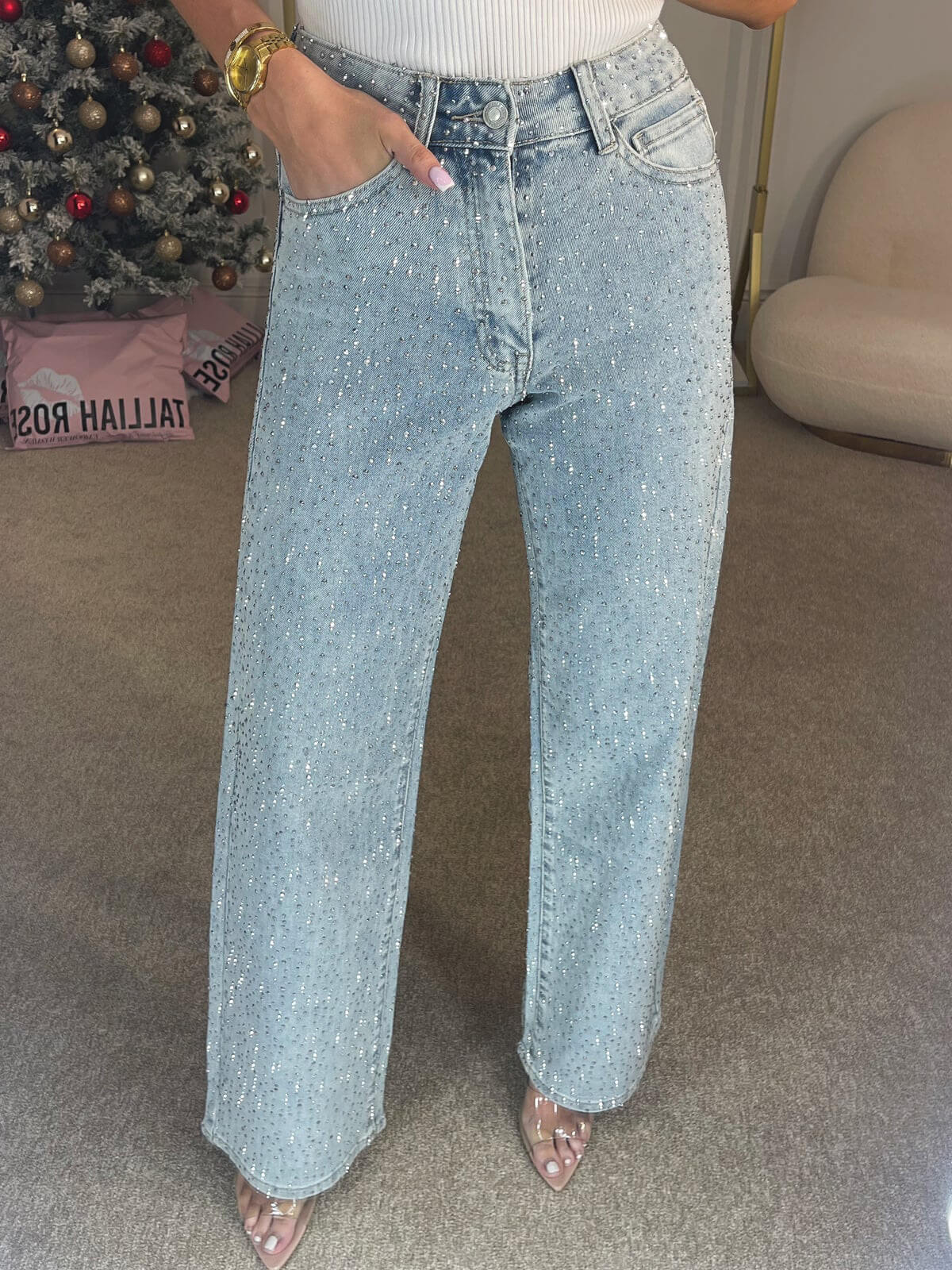 Dora – Jeans Donna Vita Alta Blu Scuro con Dettagli Brillanti