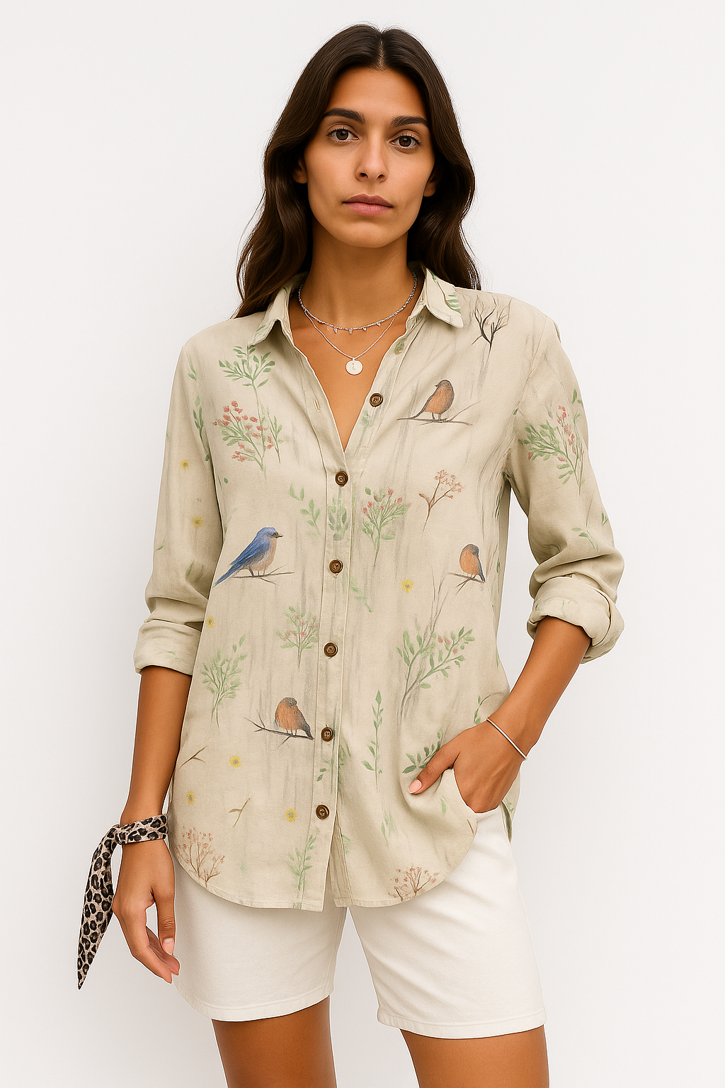 Indira - Camicia Donna Floreale Leggera e Versatile Vita Marina Uccelli