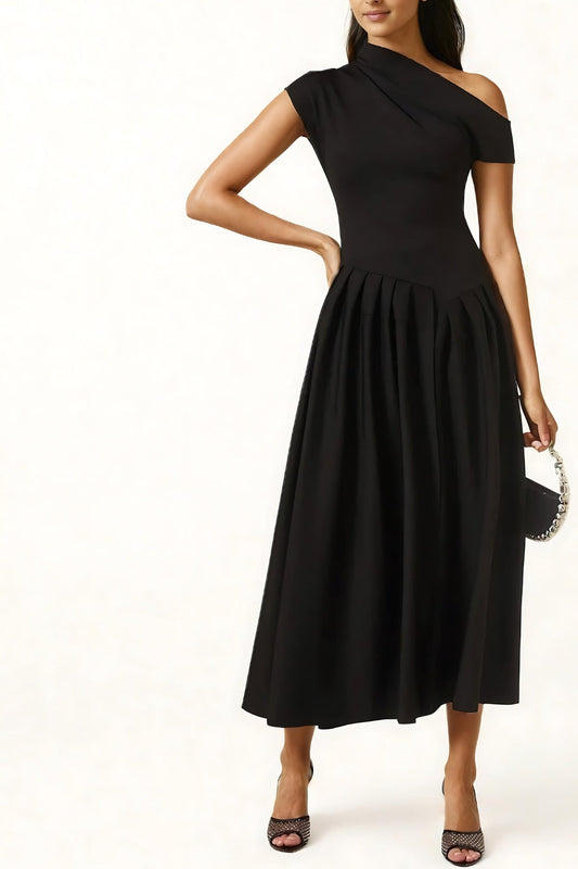 Iva - Abito Cerimonia Donna Elegante a Una Spalla Nero