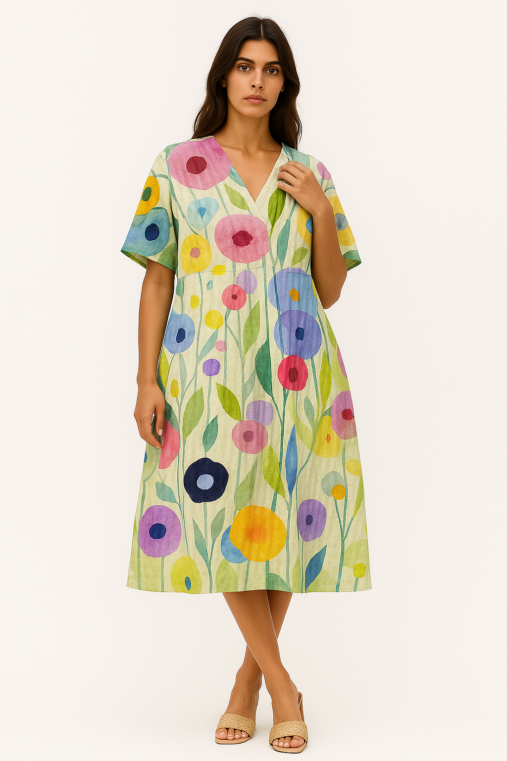 Ivana - Abito Estivo Donna Chic con Motivo Floreale Verde chiaro