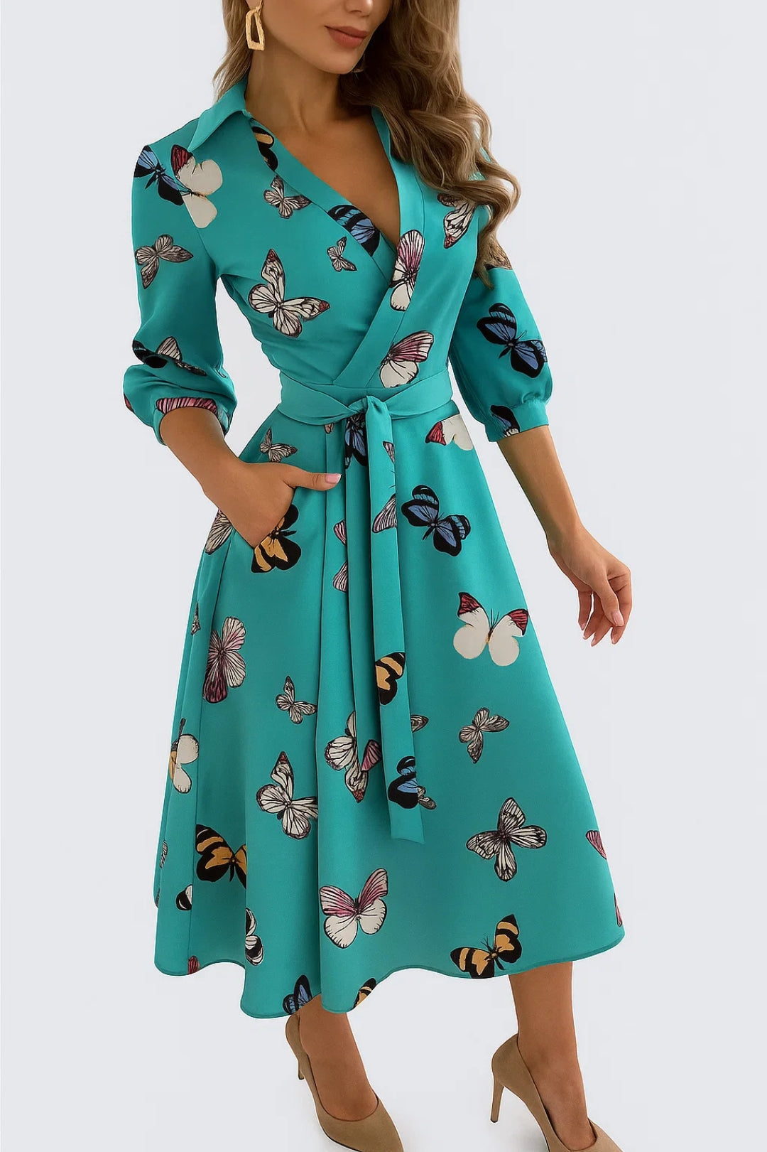 Ivette - Abito Portafoglio Midi Donna Elegante Chic Verde