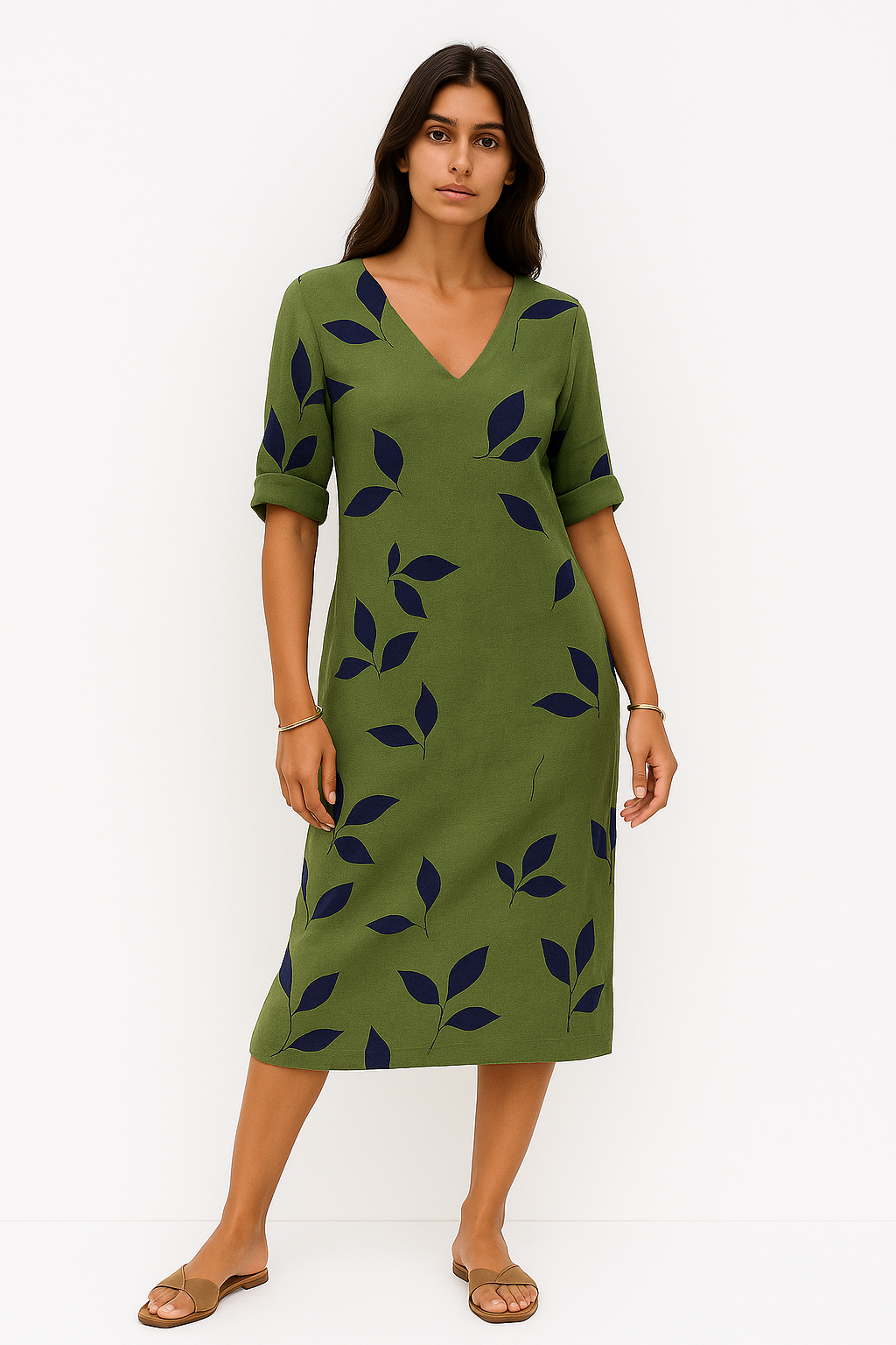 Jacqueline – Abito Estivo Elegante con Stampa a Foglie Verde