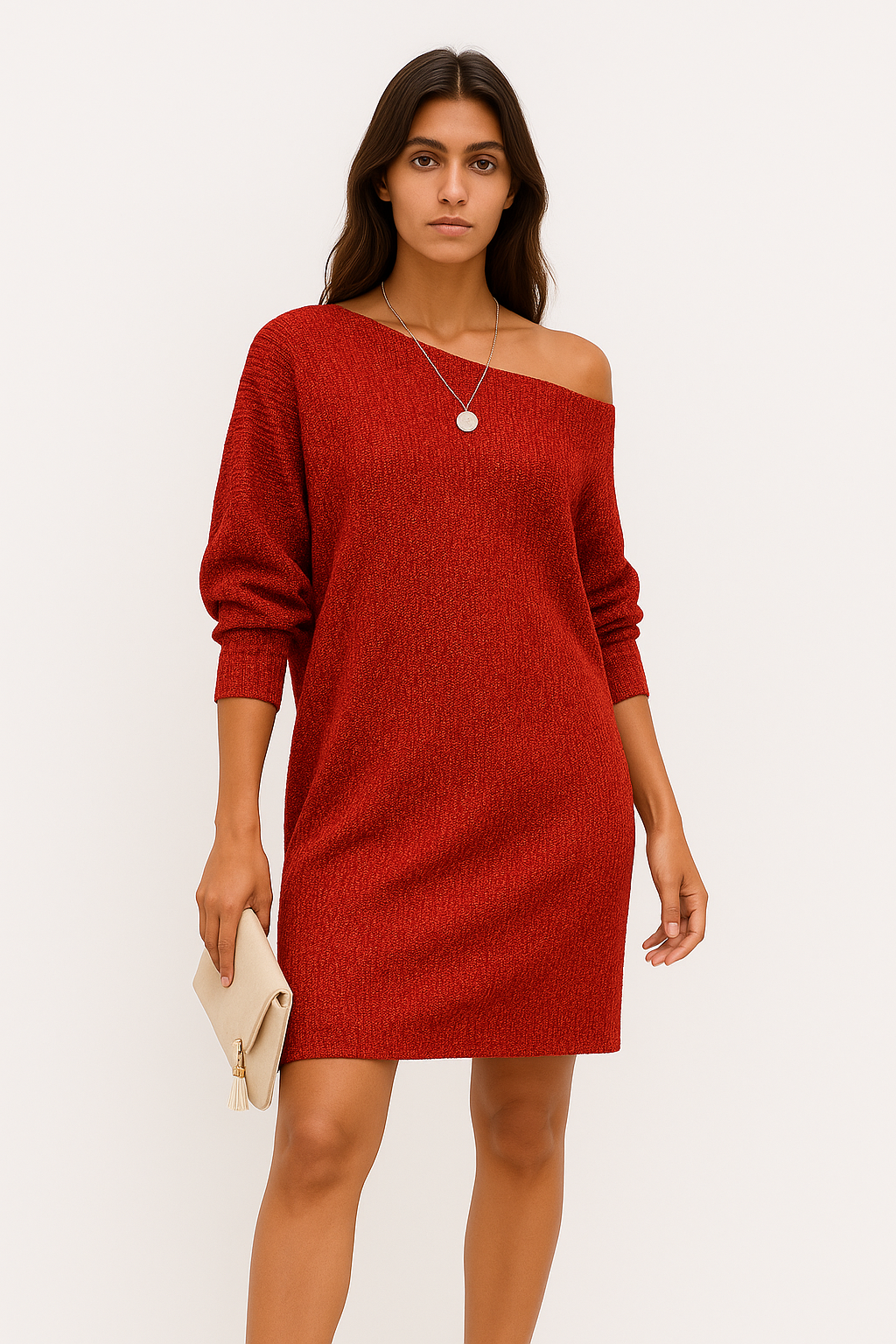 Jamila – Abito Mini Scintillante con Spalla Scoperta rosso