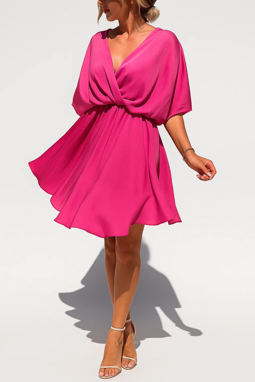 Janette – Vestito Corto Chiffon Elegante con Nodo Fucsia