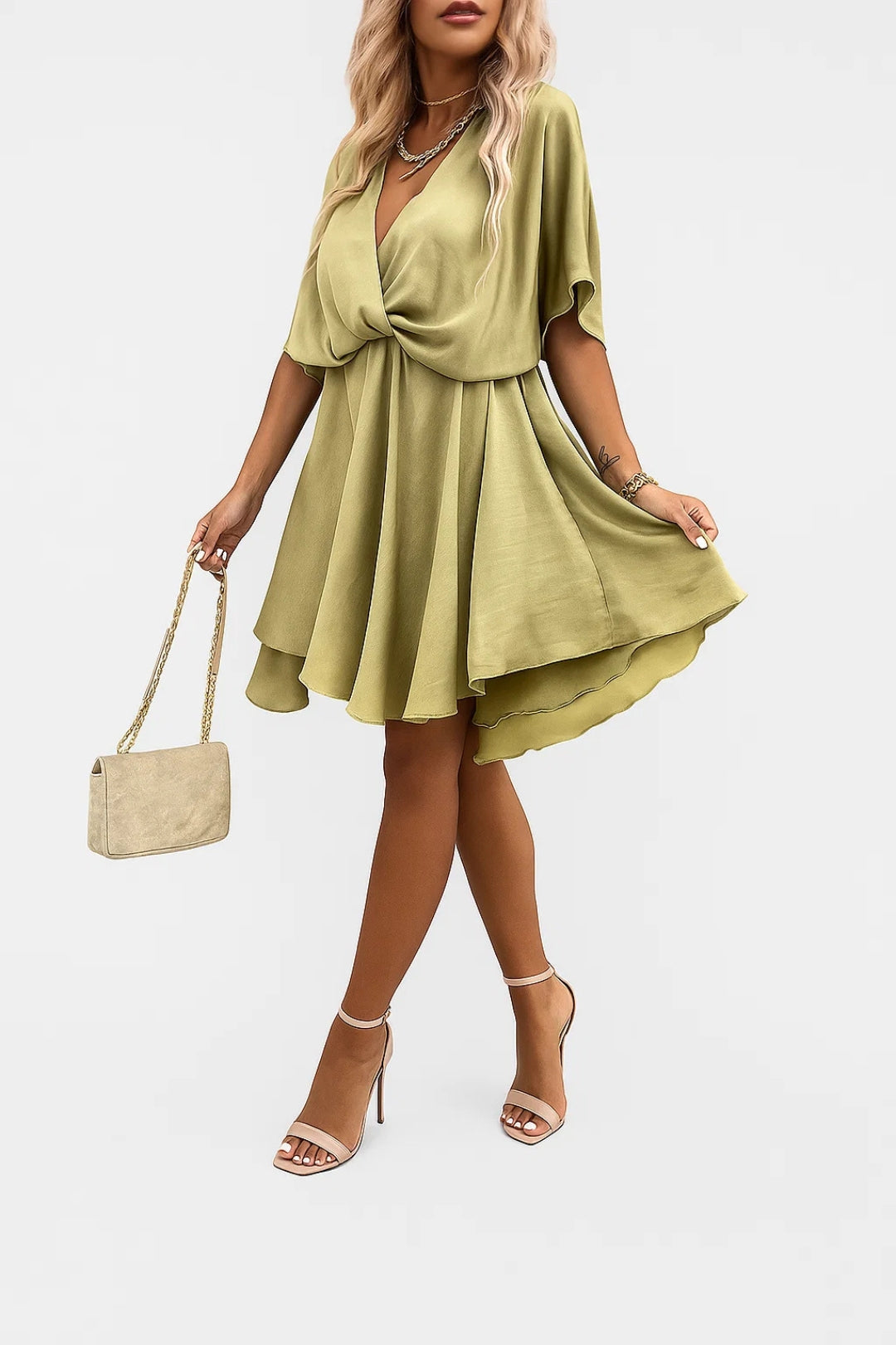 Janette – Vestito Corto Chiffon Elegante con Nodo Verde oliva