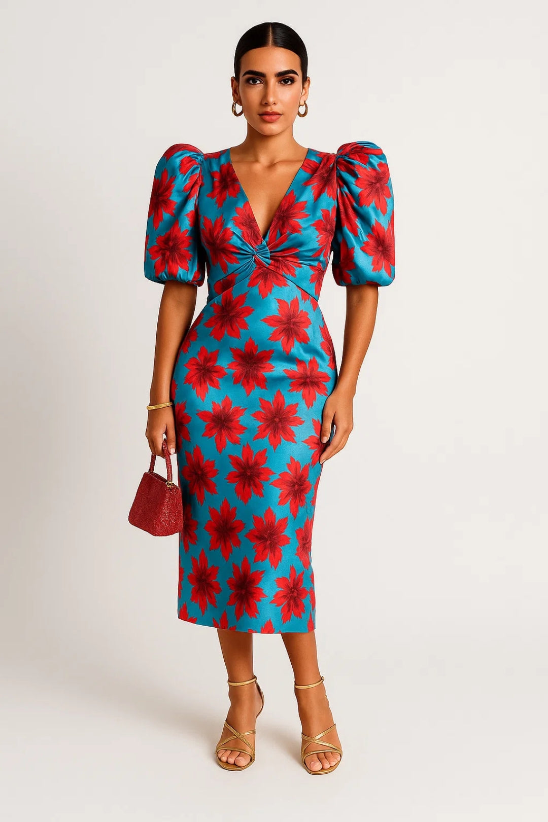 Janine – Abito Midi Donna con Fantasia Vivace Azzurro con fiori rossi
