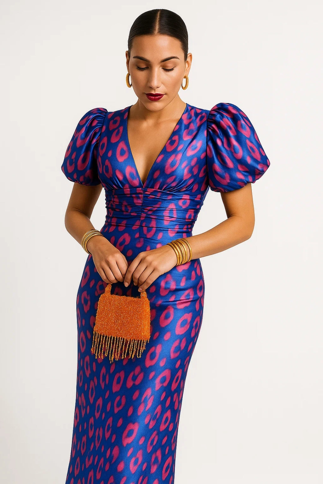 Janine – Abito Midi Donna con Fantasia Vivace Blu con rosa