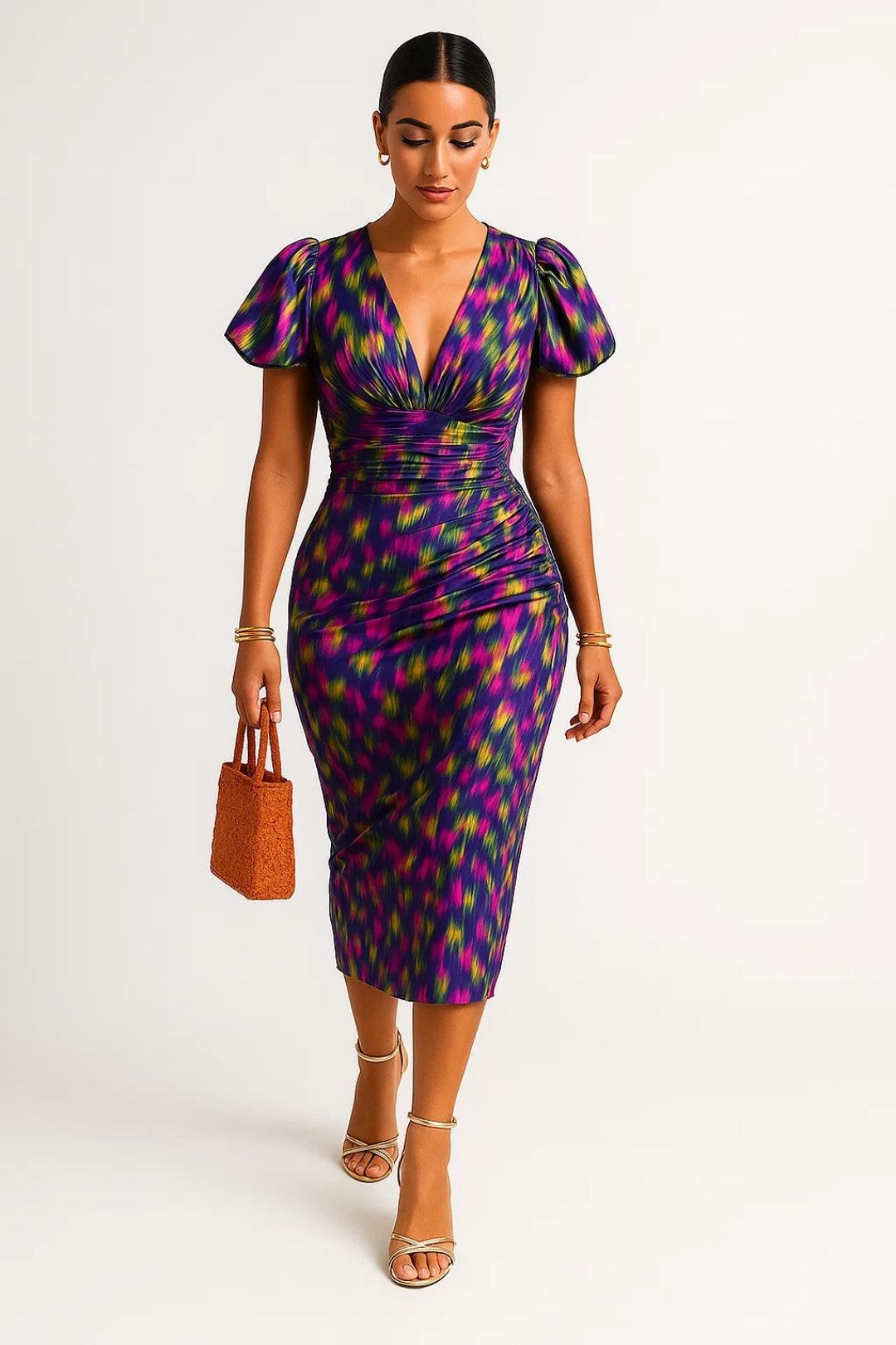 Janine – Abito Midi Donna con Fantasia Vivace Fucsia con arancione
