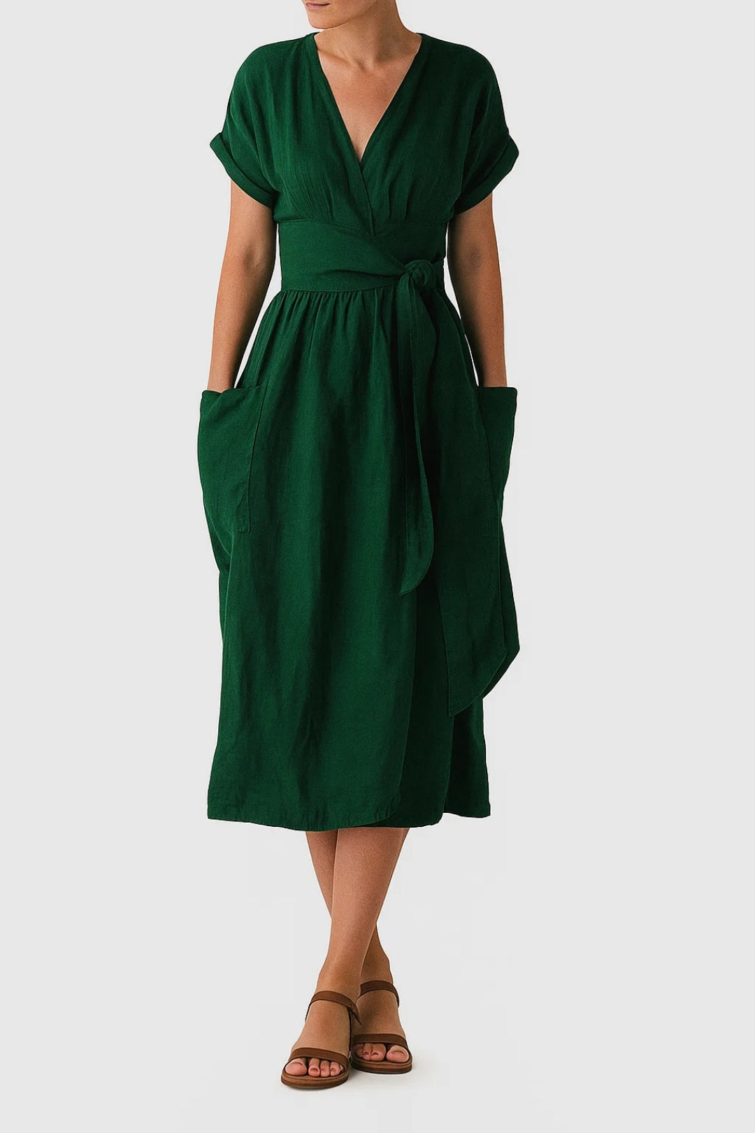 Jasmine – Abito Portafoglio in Lino Naturale Elegante Verde scuro