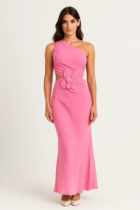 Jeanette – Abito Lungo Monospalla con Fiore 3D Rosa