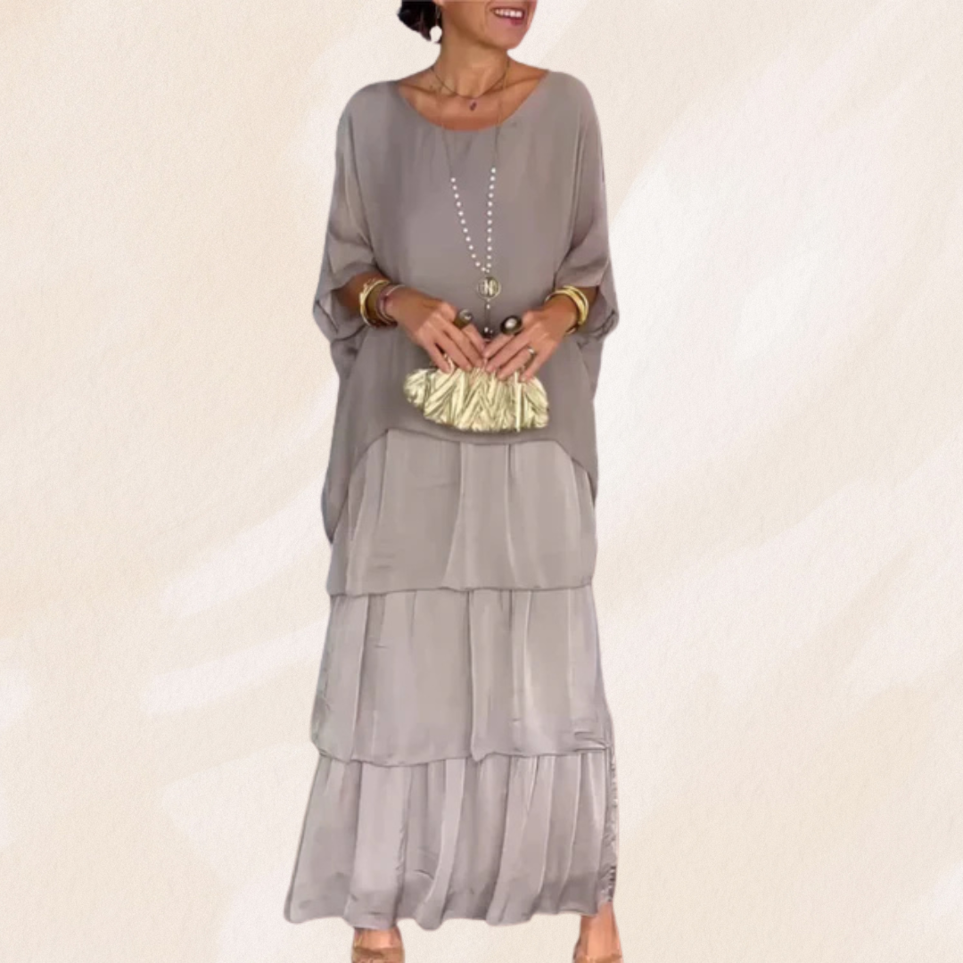 Jeannette – Vestito Maxi Donna con Collo Tondo Ampio Grigio