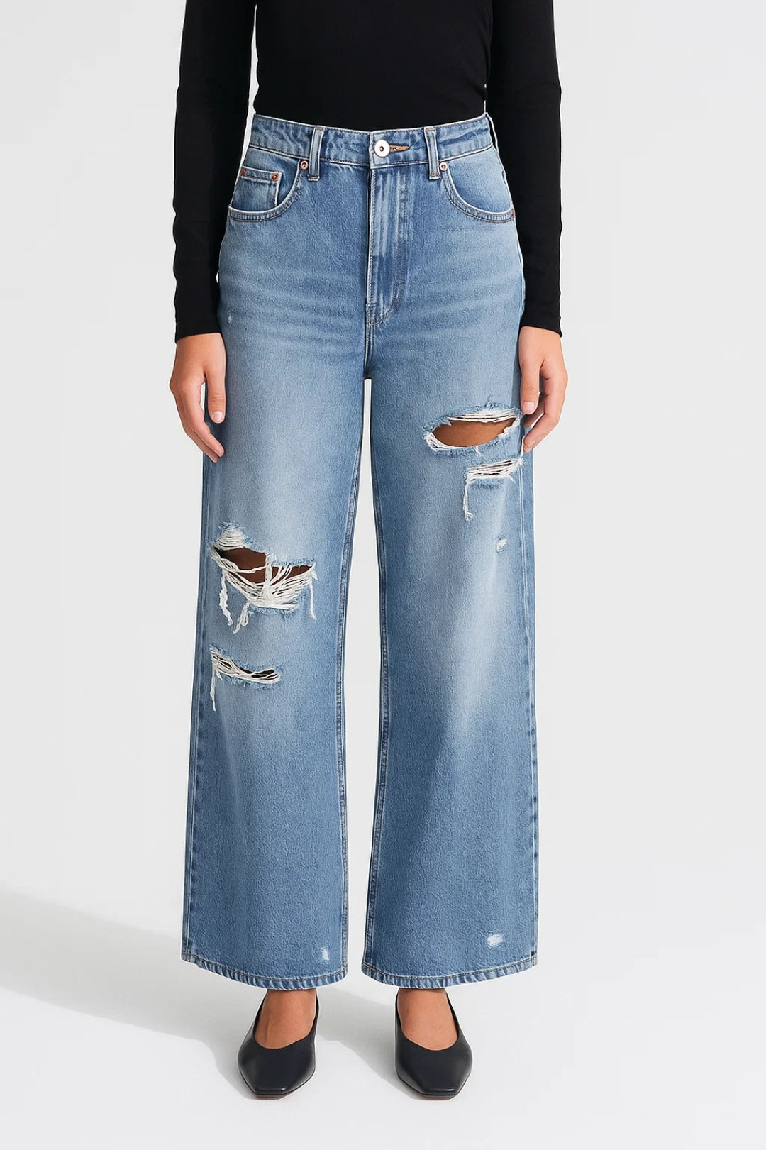 Dina – Pantaloni A Gamba Larga Con Strappi E Vita Alta