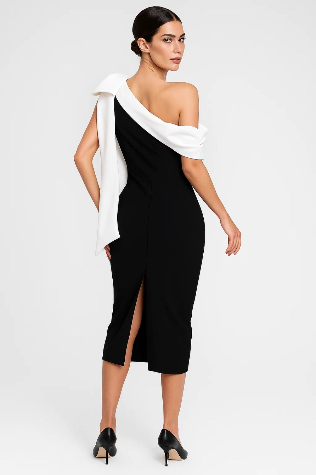 Jeba – Abito Midi Monospalla Bianco con Drappeggio Elegante Nero