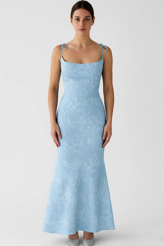 Jenna – Abito Lungo Jacquard Floreale con Spalline Azzurro