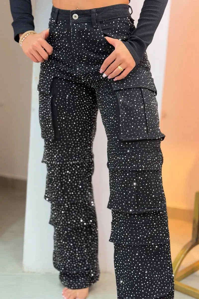 Joanna – Jeans Cargo Donna con Strass Glamour Nero