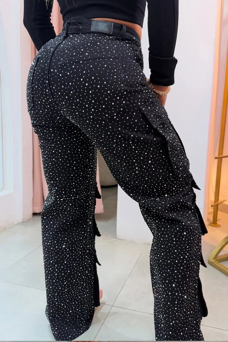 Joanna – Jeans Cargo Donna con Strass Glamour Nero