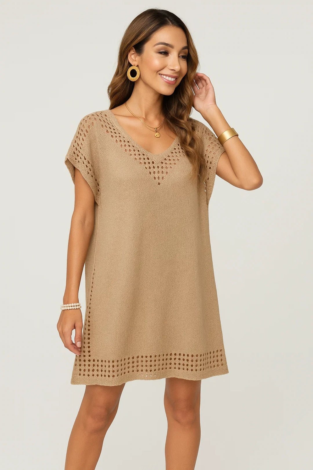 Jocelyn – Tunica da Spiaggia in Maglia Ajouré Beige