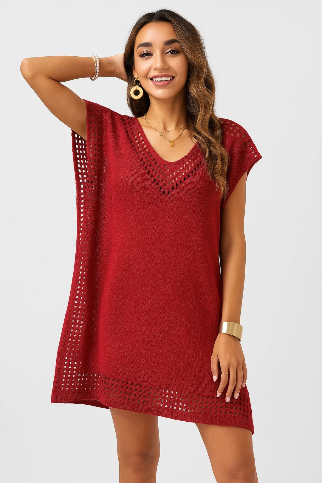 Jocelyn – Tunica da Spiaggia in Maglia Ajouré Rosso vino