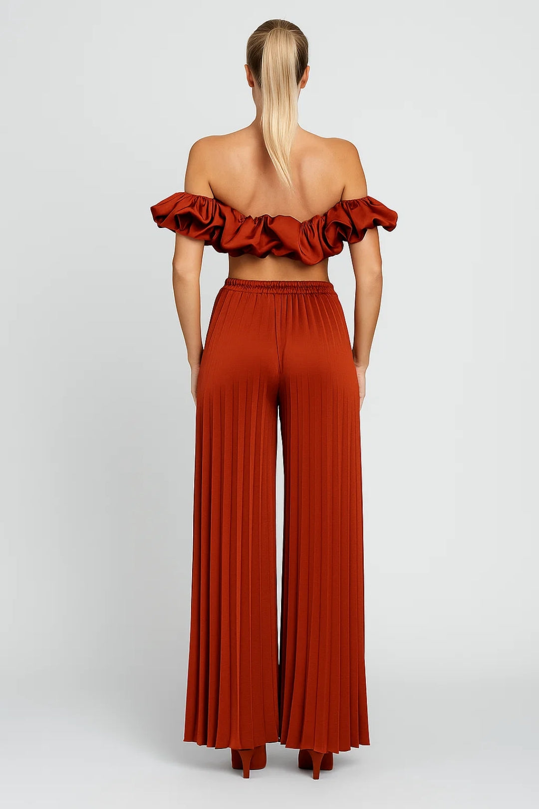 Jolanda – Completo Estivo Donna Spalle Scoperte Plissé Terracotta