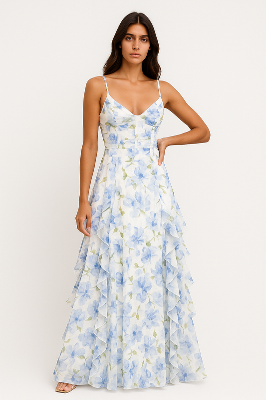 Joseppina – Abito Floreale Donna Elegante e Arruffato Blu/Bianco