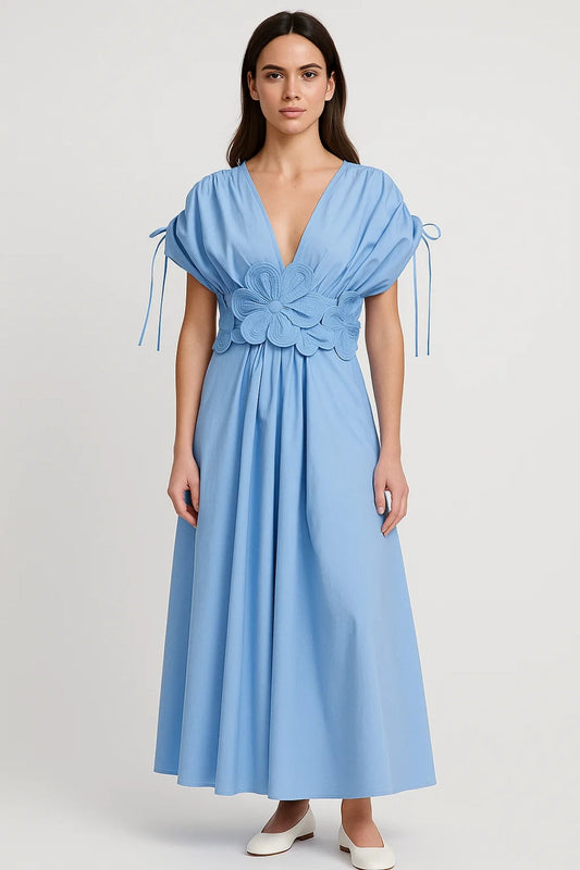 Josette – Abito Midi Azzurro in Cotone con Cintura Floreale Azzuro